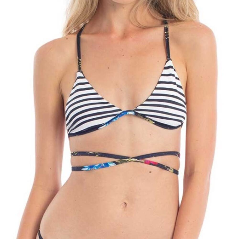 Revel Rey Women's Floral/Stripe Reversible Graphite Revel Bikini Swim Top sz M